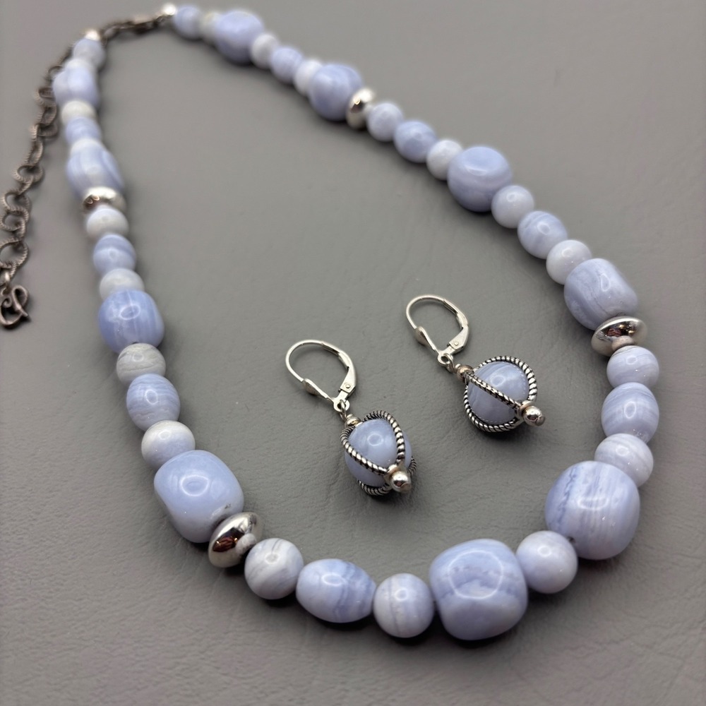 Vintage Carolyn Pollack Relios Necklace Earrings Sterling Blue Lace Agate 17"